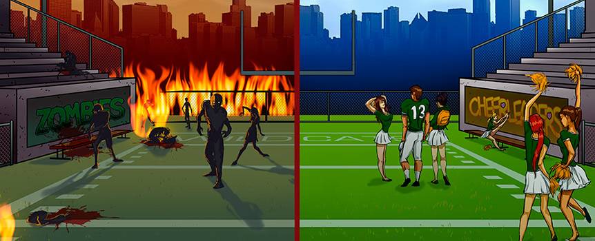 If you've ever had the urge to see cute cheerleaders get rough, then get ready for the show. This Slot game not only offers you a chance to make some money but it also places you right in the midst of a messy battle taking place between cheerleaders and zombies. Join Missy and Julie, co-captains of the cheer squad, as they take on a ferocious gang of brain-eating monsters. Though everyone knows cheerleaders are fit, the more important question remains as to whether or not these girls are fit enough to put the undead to shame. All you've got to do is hit the Spin button and get ready for the showdown.