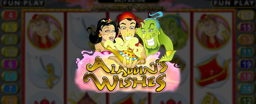 Hop on Aladdin's magic carpet and spin your way to fortune in this Arabian-inspired online Slot, Aladdin's Wishes. On your adventure be sure to keep your eye out for Aladdin's magic lamp. If you land on three of those lucky symbols, give them a rub and the genie might grant you 25 Free Games. Even better, you could win the random progressive jackpot. Spin now and the genie could be granting your every wish in no time.