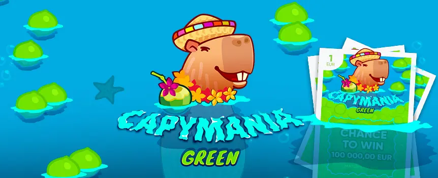 Give the Capymania Green online scratchcard a try today at Slots.lv and see if you hit three jackpot symbols, which will lead to a prize of 100,000x your bet!